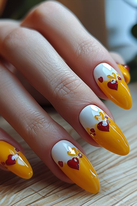 Valentines Day Nails 2024 Yellow Valentine Nails, Nail Pink, Fingernail Art, Yellow Nail Art, Valentines Day Nails, Beauty Hacks Nails, Stunning Nail Designs, Valentine Nail Art, February Nails