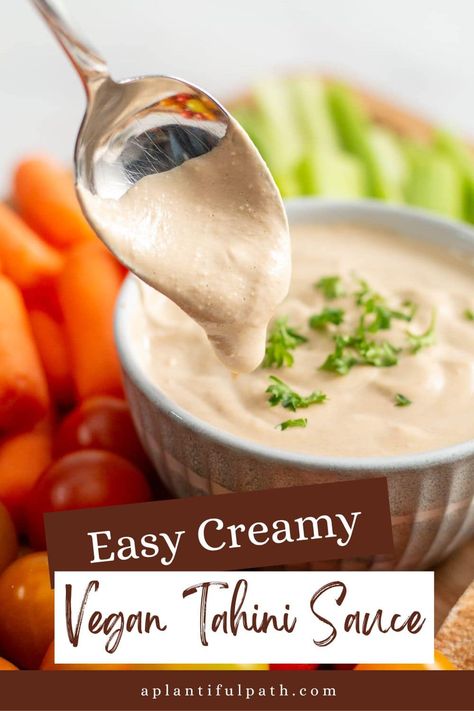 This creamy, luscious Vegan Tahini Sauce is a delicious addition to so many dishes. Whether you use it as a dip for veggies or pita, as a salad dressing, or a sauce for falafel and buddha bowls, you're going to love this fast and easy sauce! The more you use it the more foods you'll want to add it to. It's that tasty! Tahini Sauce Recipe, Vegan Sauce Recipes, Easy Vegan Lunch, Quick Easy Vegan, Oil Free Vegan Recipes, Grilled Tofu, Healthy Plant Based Recipes, Gluten Free Vegan Recipes, Tahini Sauce