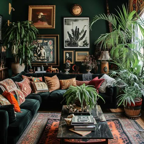 Sophisticated Dark Green Living Room Palettes for a Luxurious Feel • 333+ Images • [ArtFacade] Dark Green Couch Living Room Ideas Boho, Green Witchy Living Room, Styling Green Couch, Green Sofa Interior Design, Dark Green Leather Couch, Moody Maximalist Decor Living Room, Maximalist Home Design, Moody Living Room Green Couch, Victorian Style Living Room Ideas