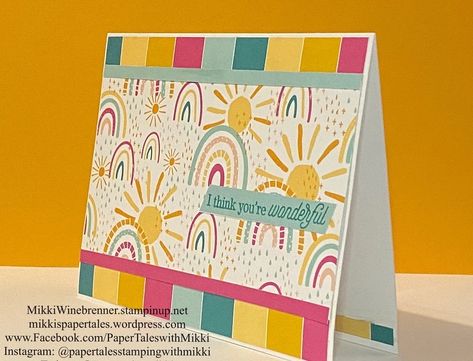 Stampin Up Sunshine And Rainbow Dsp, Sunshine And Rainbows Stampin Up Cards, Rainbow Of Happiness Stampin Up Cards, Stampin Up Sunshine And Rainbows, Sunshine And Rainbows Dsp, Rainbow Cards, Crafting Inspiration, Easy Cards, Hand Stamped Cards