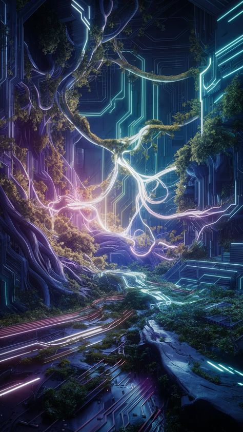 Dive into a mesmerizing digital landscape where modern technology meets nature's organic flow. This artwork features a radiant web of glowing connections, entwined vines, and circuit patterns, blending Cyberpunk aesthetics with Art Nouveau elegance. Explore the harmony of man-made systems and the natural world in vibrant hues of blue, purple, and green. #DigitalArt #Cyberpunk #ArtNouveau #Nature #Technology Modern Technology, Natural World, Cyberpunk, Art Nouveau, Technology, Digital Art, Art