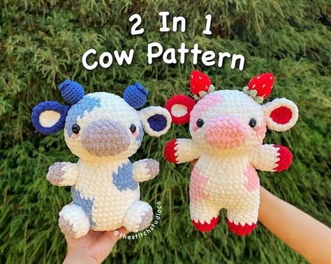 Cute Crochet Cow Patterns - Beautiful Dawn Designs Plushie Crochet Pattern, Blueberry Cow, Amigurumi Cow Pattern, Crocheted Cow Pattern, Crocheted Animals, Plushie Crochet, Strawberry Cow, Amigurumi Cow, Easy Crochet Animals