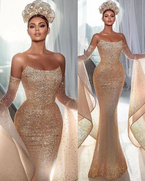 Aso Ebi Bride, Champagne Prom Dresses, Dress Arabic, Ball Gowns Fantasy, Dinner Gowns, Champagne Prom Dress, Glitter Champagne, Classy Wedding Dress, Stylish Wedding Dresses