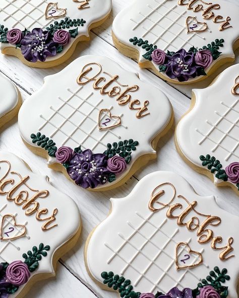 Wedding Date Cookies, Save The Date Cookies, Knot Cookies, Bridesmaid Cookies, Eggplant Wedding, Wedding Cookies Decorated, Wedding Shower Cookies, Wedding Knot, Engagement Cookies