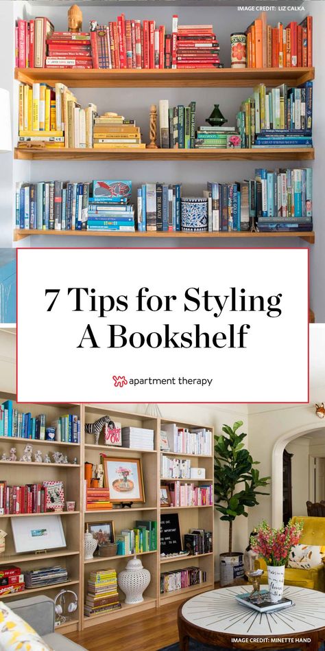 Book Shelf Ideas Color Coded, How To Decorate My Bookshelves, How To Stage Bookshelves, How To Style Library Shelves, Bookshelf Styling Rainbow, Art On Bookshelves, Staged Bookshelves, How To Decorate A Bookshelf With Books, Colour Coordinated Bookshelf