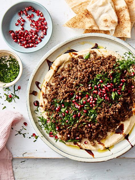 Hummus with spiced Lamb, Pomegranate and Mint | Australian Lamb - Recipes, Cooking Tips and More Pomegranate Lamb, Fermented Green Beans, Spinach Basil Pesto, Quinoa Bars, Roasted Capsicum, Spiced Lamb, Ginger Chutney, Quick Pickled Onions, Roasted Fennel