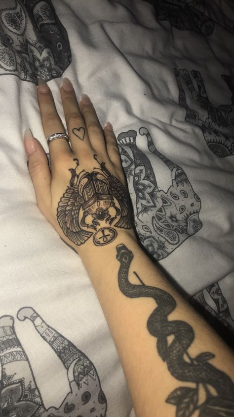 Scarab Hand Tattoo, Egyptian Hand Tattoo, Scarab Tattoo, Hand Tatto, Egyptian Tattoo Sleeve, Egyptian Scarab, Egyptian Tattoo, Doodle Tattoo, Hand Tattoos For Women