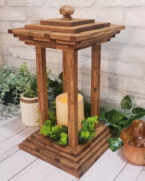 Rebecca on Instagram: "Lantern made with @dollartree Tumbling Tower blocks. Tutorial on my YouTube Bonnie Blings YouTube channel. Click the link in my bio #dollartree #dollartreediy #dollartreecrafts #diy #crafts #craft #homedecor #wood #woodcraft #tumblingtowerblocks #tumblingtowerblocksdiy #lantern" Jenga Blocks Lantern, Jenga Block Candle Holder, Dollar Tree Tumbling Tower Blocks Diy Christmas, Jenga Block Lantern Diy, Dollar Tree Tumbling Tower Crafts, Tumbling Blocks Crafts, Tower Blocks Diy, Dollar Tree Tumbling Tower Blocks Diy, Tumbling Tower Blocks Diy