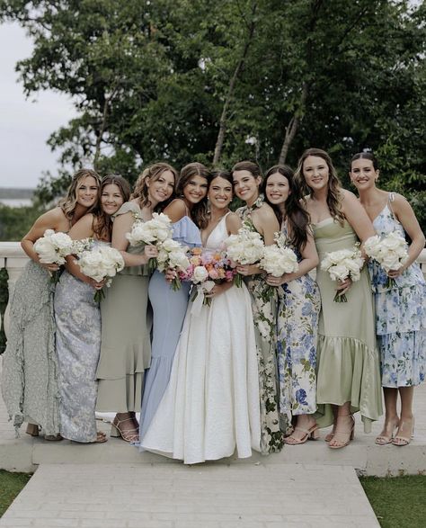 Spring Mix And Match Bridesmaid Dresses, Mismatch Bridesmaid Dresses Summer, Muted Color Bridesmaid Dresses, Mix N Match Bridesmaid Dresses, 5 Bridesmaids Mismatched, September Wedding Colors Blue, Spring Wedding Alter, Blue Mix And Match Bridesmaid Dresses, Mixed Matched Bridesmaids