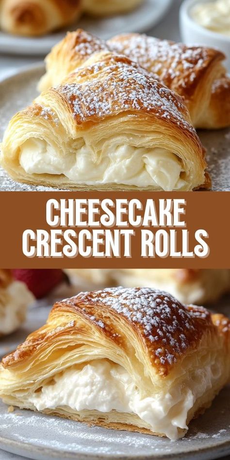 Cheesecake Crescent Rolls Ingredients: 2 cans (8 oz. each) crescent roll dough 16 oz. cream cheese, softened 1/4 cup sour cream 1 cup granulated sugar 2 large eggs 1 tablespoon lemon juice 1 teaspoon vanilla extract 1/4 teaspoon kosher salt 1/4 cup all-purpose flour Powdered sugar (for dusting) #Cheesecake #Crescent #Rolls Cheesecake Bars Crescent Rolls, Crescent Roll Recipes Cream Cheese, Crescent Dessert Recipes, Crescent Rolls Dessert, Crescent Roll Desserts, Cresant Rolls, Crescent Desserts, Crescent Squares, Cheesecake Crescent Rolls