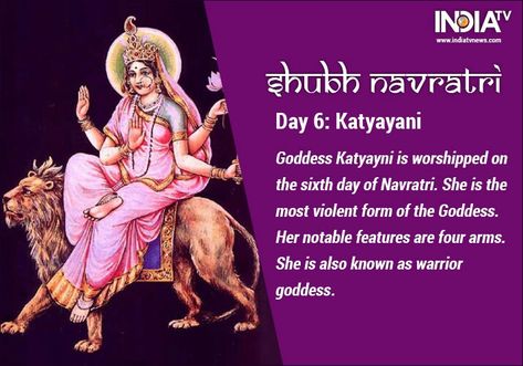 When Goddess Parvati decided to destroy the demon Mahishasura, she took the form of Goddess Katyayani. Hence, this avatar of the devi is also known as the warrior goddess. Worshipped on the sixth day of Navratri, Goddess Katyayani rides on lions and has four arms. She is offered red coloured flowers along with mantra, 'Om Devi Katyayanyai Namah॥' Goddess Katyayani, Navratri Goddess, Navratri Puja, Goddess Parvati, Navratri Wishes, Warrior Goddess, Navratri Festival, Shakti Goddess, Osho Quotes