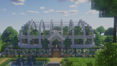 Minecraft Aviary Ideas, Glass Garden Minecraft, Minecraft Parrot Sanctuary, Minecraft Big Greenhouse, Jurassic Park Minecraft Build, Panda Enclosure Minecraft Ideas, Minecraft Building Ideas Animal Farm, Minecraft Zoo Entrance Ideas, Minecraft Habitats