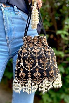 Crochet Potli Bag, Potli Purse, Zardozi Embroidery, Pakistani Clothes, Potli Bag, Potli Bags, Embroidery Bags, Fancy Bags, Beaded Tassels