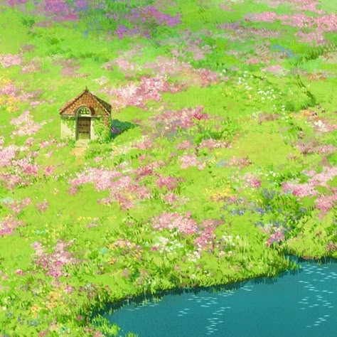 Studio Ghibli Laptop Wallpaper Hd 1080p, Howls Moving Castle Flower Field, Ghibli Field, Pink Studio Ghibli, Ghibli Stills, Spring Castle, Ghibli Landscape, Ghibli Aesthetic, Ipad Layout