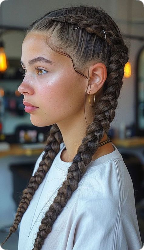 Cool Dutch Braids, Different Hair Braids Ideas, Two Braids Extensions, Dutch Braid Aesthetic, Cute French Braid Hairstyles Short Hair, Braids Makeup Look, Goddess Dutch Braids, Under Braids Hairstyles, Dutch Braid Black Women