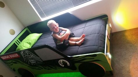 Grave Digger bed complete. Grave Digger Bed, Monster Truck Bed Frame, Monster Jam Room Ideas, Monster Jam Bedroom Ideas, Digger Bed, Monster Jam Room, Monster Jam Bedroom, Monster Truck Bedroom Ideas, Kings Bedroom