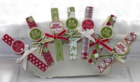 elizabeth's craft room: Quick and Pretty Decorated Clothes Pins, Clothes Pin Crafts, Elizabeth Craft, Baby Rompers, Designer Paper, Craft Show Ideas, Stampin Up Christmas, Your Cute, 3d Christmas