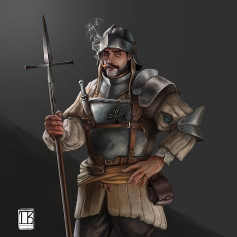 Man At Arms Medieval, Dnd Town Guard, Town Guard Dnd, Old Soldier Fantasy Art, Town Guard Fantasy Art, Fantasy Guard Art, Spearman Character Art, Dnd Soldier, Fantasy Guard