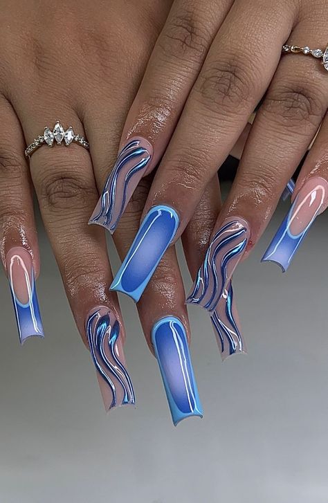 Classy Baddie Nails Coffin, Blue Nail Acrylic Ideas, Jhene Aiko Nail Ideas, Chola Nails Acrylic, Album Cover Nails, Airbrush Nail Designs, Birthday Nail Set Ideas, Blue Bling Nails, Dominican Nails