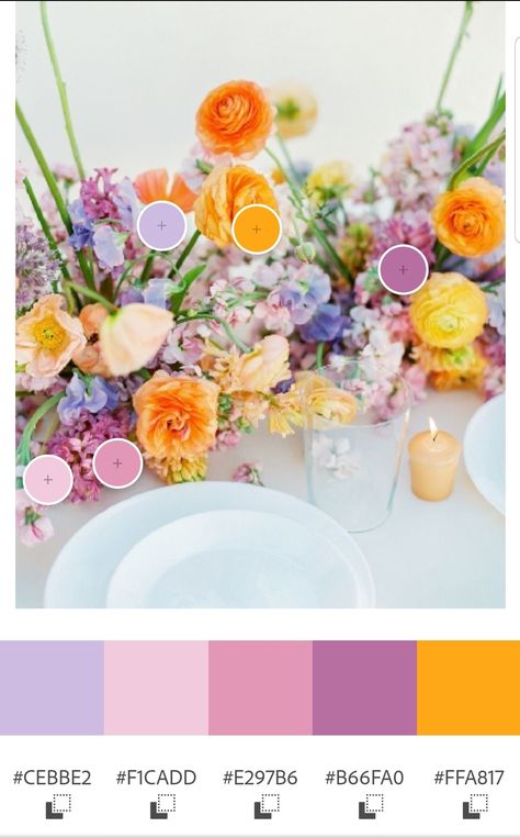 Table centerpiece of orange, pink, and purple flowers with colors picked out to make a color palette- #CEBBE2 #F1CADD #E297B6 #B66FA0 #FFA817 Pink Lilac Orange Wedding, Wedding Themes Bright Colors, Modern Korean Wedding Decor, Orange Peach Purple Wedding, Bridal Shower Colors Palette, Spring Wildflower Color Palette, Bright Wedding Color Schemes Spring, Bright Color Wedding Palette, Colorful Spring Wedding Palette