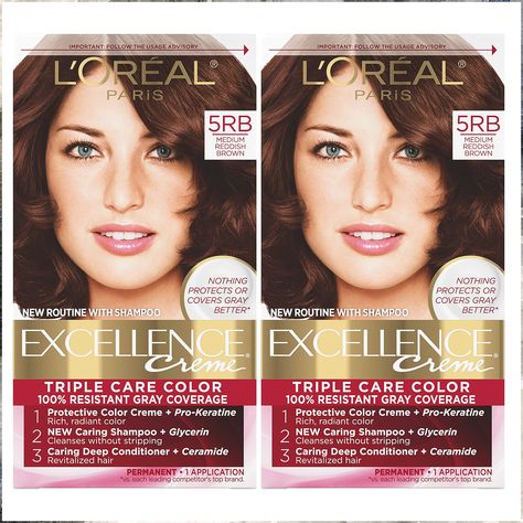 L'Oreal Paris Excellence Creme Permanent Hair Color, 5RB Medium Reddish Brown, 100 percent Gray Coverage Hair Dye, Pack of 2 Loreal Paris Hair Color, Medium Reddish Brown, Clairol Natural, Loreal Hair, Caring For Colored Hair, Grey Hair Coverage, Covering Gray Hair, Temporary Hair Color, Gray Coverage