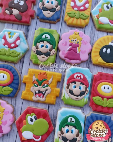 Cookie Store (@cookiestore.dulcecapricho) | Instagram Mario Cookies, Luigi Cake, Cookie Store, Princess Peach Party, Peach Cookies, Super Mario Bros Birthday Party, Super Mario Bros Party, Mario And Princess Peach, Cookies Decoradas