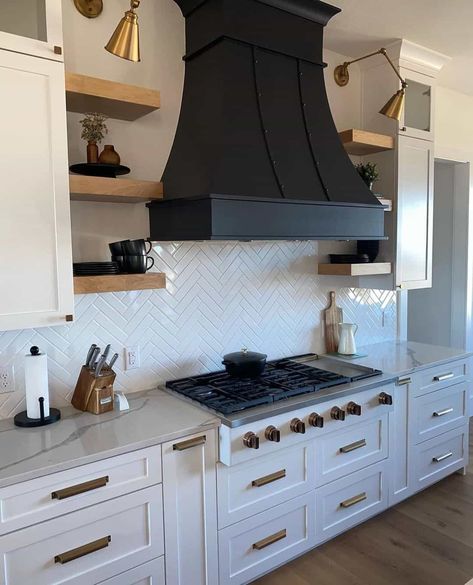 Range Hood Floating Shelves, White Herringbone Tile Backsplash, White Herringbone Backsplash, Range Hood Ideas, Kitchen Hood Vent, Black Range Hood, Kitchen Hood Ideas, White Herringbone Tile, Herringbone Tile Backsplash