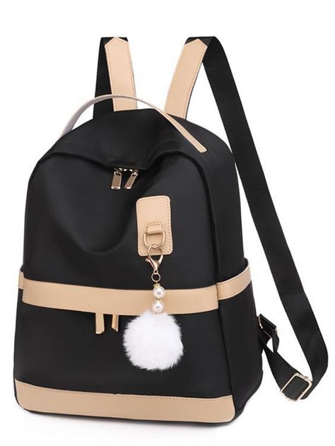 Black cute bagpack Girly Backpacks, Pom Pom Bag, Pom Pom Bag Charm, Classy Purses, Spring Purses, Purse Trends, Cute Mini Backpacks, Stylish School Bags, Functional Backpack