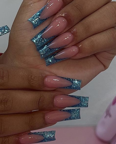 Blue Glitter Nails With Rhinestones, Blue Glittery Acrylic Nails, Blue Glitter Tip Nails, Sparkly Blue French Tip Nails, Blue Glitter French Tip Nails, Blue Glitter Acrylic Nails, Glittery Blue Nails, Teal Glitter Nails, Sparkly Blue Nails