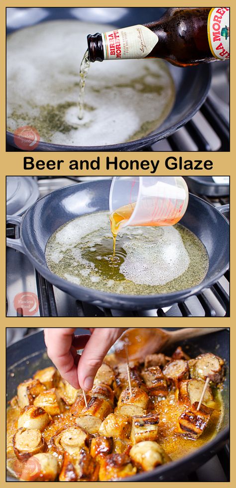 Perfect sweet Sticky Beer and Honey Glaze. The combination beer, honey & mustard with garlic, sugar and thyme is mouthwatering good! #honeyglaze #glaze #saucerecipe #recipe #beer Beer Sauce Recipes, Dressings Recipes, Beer Sauce, Chunky Chips, Bratwurst Sausage, Fantastic Recipes, Shish Kabobs, Recipes Beef, Appetizers Recipes