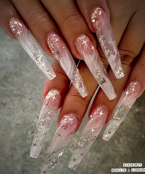 Clear Design Acrylic Nails, Long Acrylic Nails Clear, Clear Glass Nail Designs, Clear Stilletos Nails, White And Clear Nails, Long Clear Nails, Encapsulated Nails Acrylics, Dramatic Nails Designs, Transparent Acrylic Nails