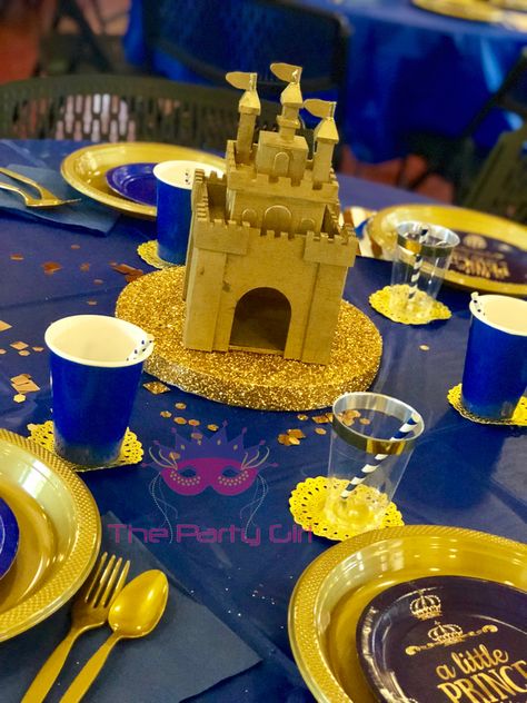 Lexi’s Little Prince Is On His Way! | CatchMyParty.com Prince Baby Shower Centerpieces, 15 Decorations, Royal Prince Birthday Party, Baby Shower Table Centerpieces, Prince Birthday Party, Mickey Mouse Baby Shower, Prince Theme, 3 Birthday, Prince Birthday