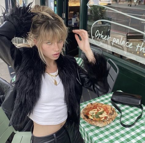 blonde girl, sitting, tying hair, pizza place, france A Woman, Green