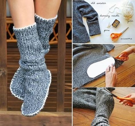 Wonderful DIY Slipper Boots From Sweater | WonderfulDIY.com Diy Leg Warmers, Diy Slippers, Handmade Slippers, Cute Slippers, Old Sweater, Diy Vetement, Upcycle Sweater, Slippers Cozy, Sweater Boots