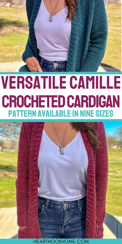 Make your own sleek, classic Camille Cardi with this free crochet pattern. Perfect for a roomy and comfortable fit. Cardigan Sweater Pattern Free, Beginner Cardigan Crochet Pattern Free, Easy Crochet Cardigan For Beginners Free, Crochet Easy Cardigan Free Pattern, Wrap Crochet Pattern Free, Easy Knit Cardigan Pattern Free, Easy Cardigan Crochet Pattern Free, Free Cardigan Crochet Pattern, Crochet Cardigan Pattern Free Women Easy