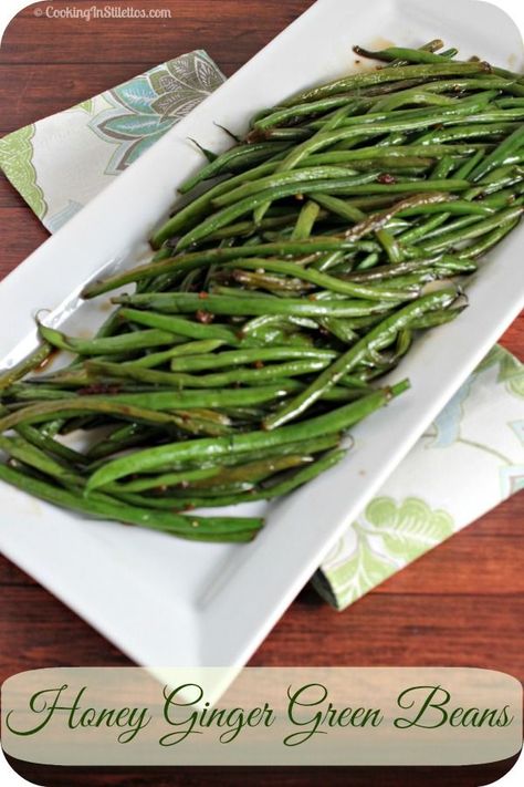 These Honey Ginger Green Beans are the perfect side dish - sweet and spicy with a bit of warmth from fresh ginger - what's not to love? Make this easy recipe for dinner tonight! | Cooking In Stilettos Dinner Green Beans, Ginger Recipe, Ginger Green Beans, Valentine's Dinner, Fancy Dishes, Honey Ginger, Coconut Aminos, Diner Recept, Holiday Side