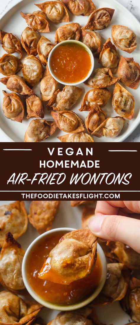 Vegan Fried Wontons, Vegan Wontons Filling, Air Fried Dumplings, Wonton Recipes Vegetarian, Wonton Wrapper Recipes Vegetarian, Vegan Wonton Filling, Wonton Wrapper Recipes Vegan, Vegan Asian Appetizers, Air Fried Wontons