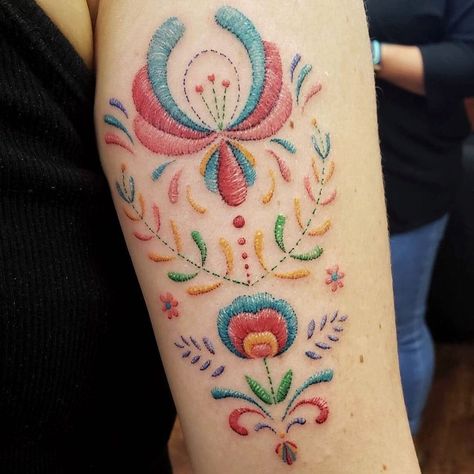 Mexican Embroidery Tattoo, Cross Stitch Tattoo, Knitting Tattoo, 16 Tattoo, Colorful Tattoos, Embroidery Tattoo, Stitch Tattoo, Tree Tattoo Designs, Mexican Embroidery