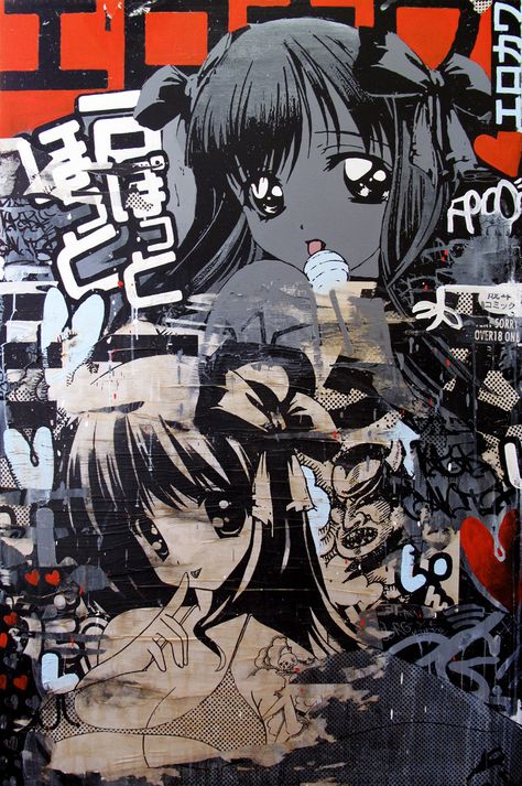 Japanese Canvas Art, Anime Collage Art, Japanese Graffiti Art, Anime Graffiti Art, Tokyo Graffiti, Japan Graffiti, Graffiti Posters, Japanese Street Art, Origami Cupcake