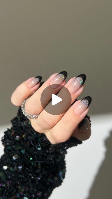 Black Reflective Glitter Nails French Tip, Black Sparkle Tips Nails, Black Shimmer French Tip Nails, Black Glitter New Years Nails, Black French Tip Silver Glitter, Nye Nails, Black French Tips, Nail Designs Tutorial, Glittery Nails