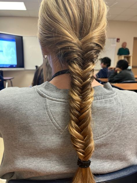 hair • braid • fishtail • Double Fish Tail Braid, Blonde Fishtail Braid, One Fishtail Braid, Fishtail Short Hair, Single Fishtail Braid, Fishtail Braid From Top Of Head, Braided Hairstyles Fishtail, Fishtail Braid Aesthetic, Low Fishtail Braid