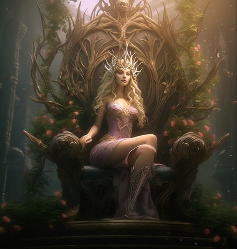 Fae Queen Art, 20s Illustration, Forest Throne, Throne Ideas, Fae Kingdom, Faerie Goth, Fantasy Royalty, Nature Queen, Forest Goddess