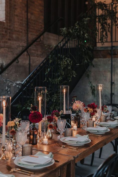 An Industrial Wedding at the Historic Hutton Brickyards in Kingston, NY | Hudson Valley Wedding Planner | Emily Boziwick Events Industrial Wedding Table Setting, Industrial Fall Wedding, Colorful Industrial Wedding, Autocamp Wedding, Wedding Reception Ideas Indoor Elegant, Moody Modern Wedding, Industrial Wedding Table, Romantic Moody Wedding, Greenhouse Reception