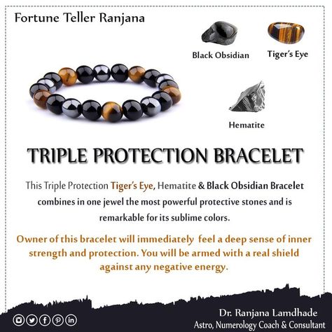 Crystal Bracelet Combinations, Protection Bracelet Diy, Triple Protection Bracelet, Hematite Meaning, Protection Bracelets, Tigers Eye Bracelet, Black Obsidian Bracelet, Healing Crystals For You, Protective Charms