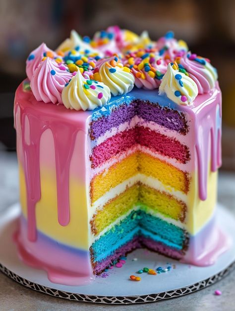 Rainbow Drip Cake Magic  🎉 𝗜𝗻𝗴𝗿𝗲𝗱𝗶𝗲𝗻𝘁𝘀 🎉  • 3 cups all-purpose flour  • 2 1/2 tsp baking powder  • 1 cup unsalted butter, softened  • 2 cups sugar  • 4 large eggs  • 1 cup whole milk  • 1 tsp vanilla extract  • Gel food coloring (pink, blue, yellow)  • Buttercream frosting  • Sprinkles for decoration  • White chocolate drip, tinted with gel food coloring Rainbow Drip Cake, White Chocolate Drip, German Chocolate Cheesecake, Magic Ingredients, Cake Magic, Pikachu Cake, Magic Cake, Walnut Cake, Creative Birthday Cakes