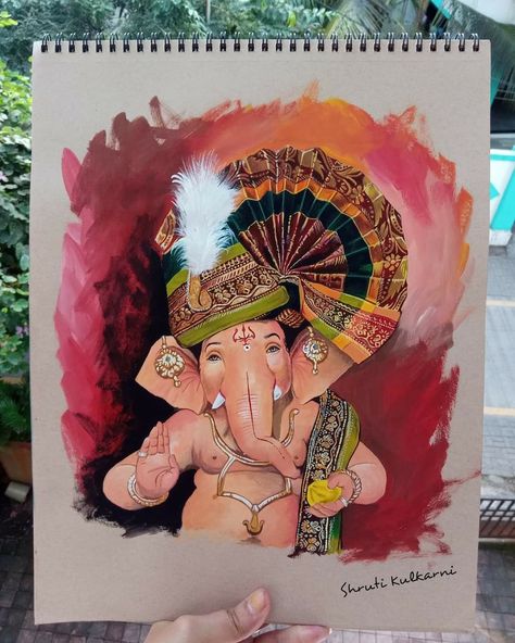 Ganpati Bappa Watercolor Painting, Creative Ganesha Art, Ganpati Bappa Acrylic Painting, Ganesh Painting Canvases, Panihari Drawing, Ganpati Paintings Acrylics, Ganpati Paintings Creative, Ganpati Drawing Ganesha Painting, Ganesh Ji Sketch