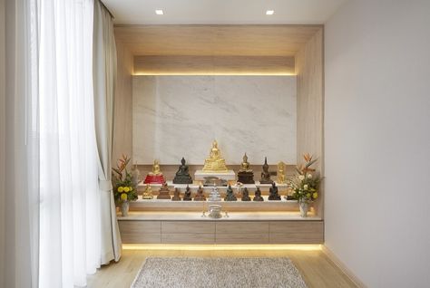 Buddha Room Design, Meditation Room Design, Double Height Living Room, Altar Design, Wooden Sofa Set, Pooja Room Design, Modern Exterior House Designs, Puja Room, Prayer Room