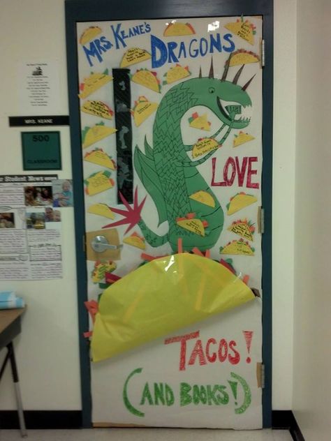 Classroom door decoration for Literacy Week. Dragons Love Tacos! Theme Third Grade, Dragons Love Tacos Party, Classroom Door Decorating, School Library Decor, Teacher Appreciation Doors, Dragons Love Tacos, Kindergarten Classroom Decor, Door Decorating Contest, School Door Decorations