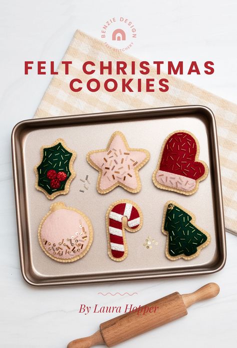 Felt Christmas Cookies Tutorial Felt Christmas Cookies, Color Frosting, Felt Food Diy, Felt Food Patterns, Cookie Tin, Felt Play Food, Ornament Cookies, Cookie Tutorials, Food Patterns