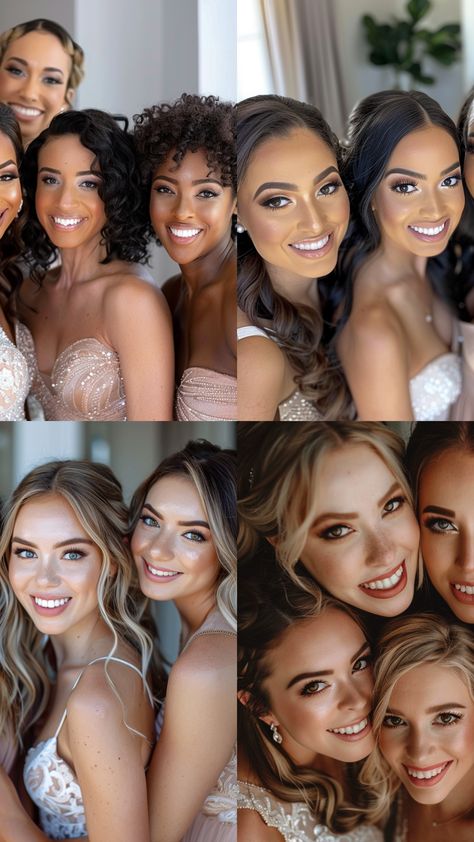 A group of bridesmaids with varied makeup styles, each enhancing their beauty for a wedding. Nude Lip Makeup, Eyebrow Makeup Products, Glittery Eye Makeup, Glamour Makeup Looks, Neutral Lip Color, Felt Tip Eyeliner, Light Contouring, Modern Bridesmaid, Makeup Trial